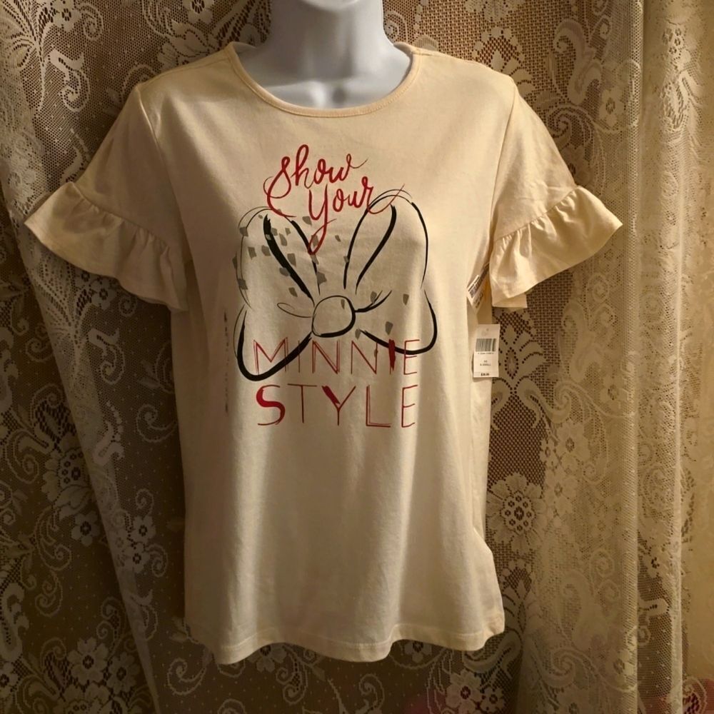 New Disney Women's XS Minnie Mouse Bow Cream Ruffle Sleeve Top‎